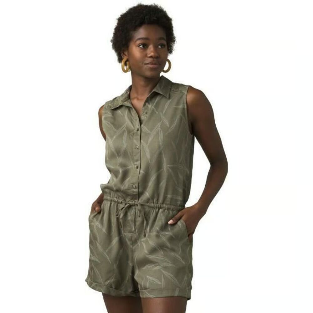 PrAna WeePrAna Weekend Escape Romper Womens M Green Drawstring Waist 100% Tencel